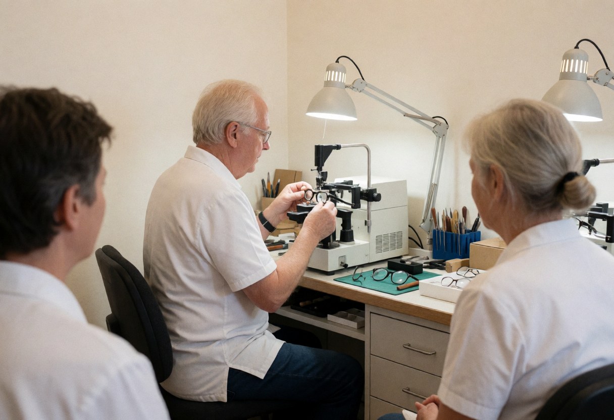 Technician adjusting eyeglass lenses with precision on a machine surrounded by tools and lenses in process in a well-lit workshop