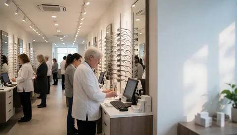 Optician in white coat using computer at counter while customers try on glasses on shelves in bright store interior