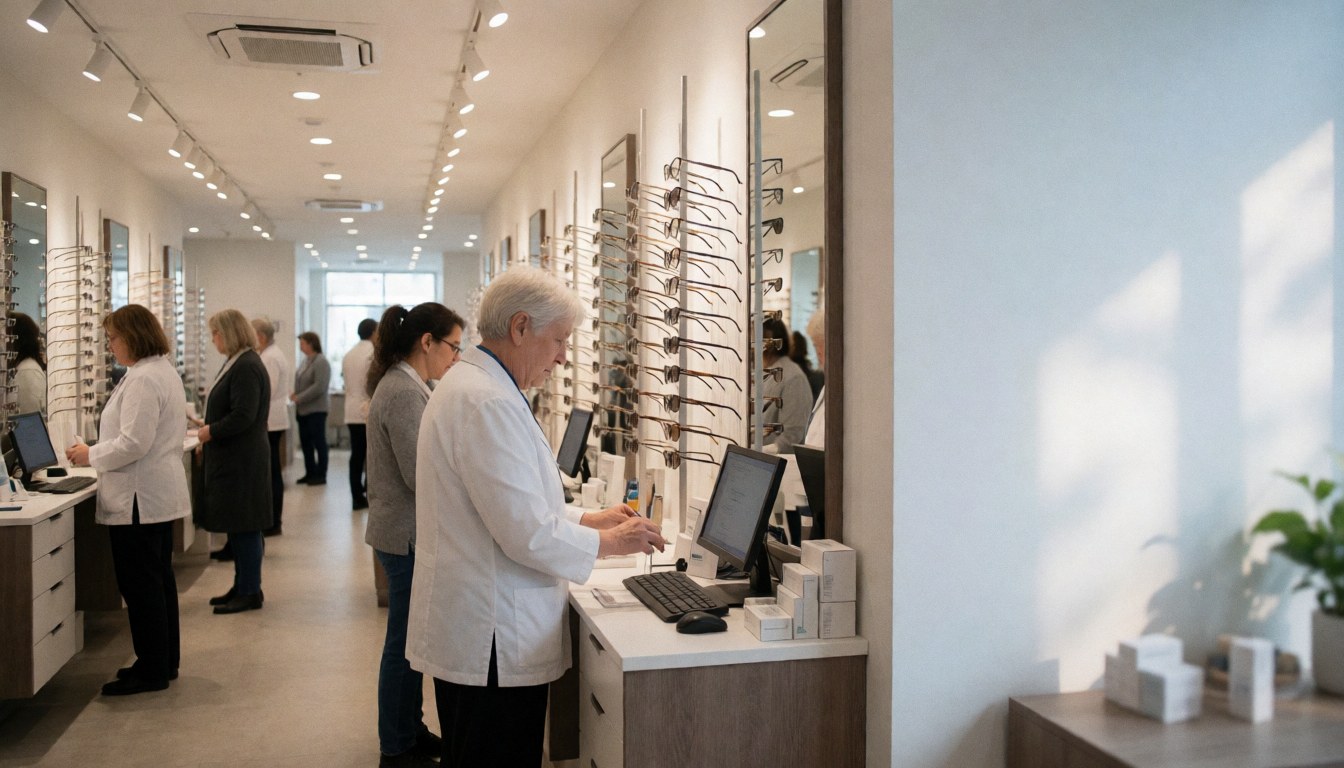 Optician in white coat using computer at counter while customers try on glasses on shelves in bright store interior