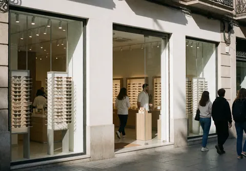 Modern optical store storefront with large windows, eyeglass frames on display, and customers walking on the sidewalk.