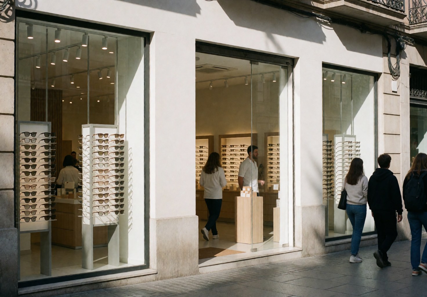 Modern optical store storefront with large windows, eyeglass frames on display, and customers walking on the sidewalk.