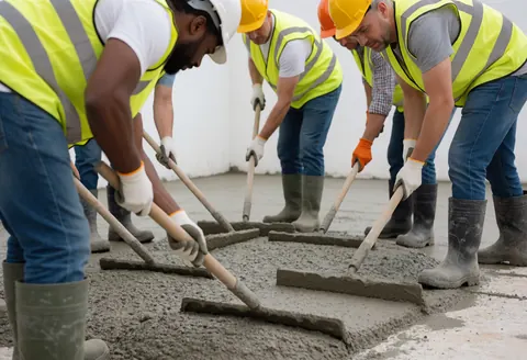 Construction workers wearing safety gear level freshly poured concrete using wooden rakes on a job site