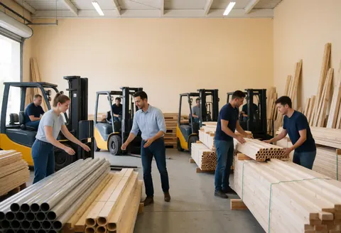 Workers organizing stacks of lumber and metal pipes in an industrial warehouse with cranes and beige walls