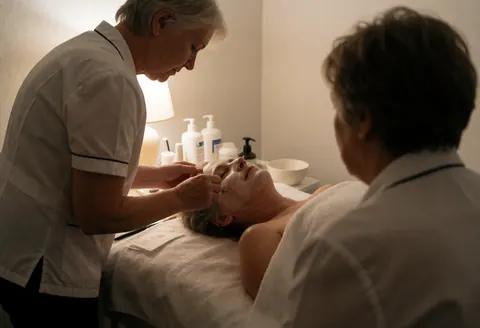 A therapist applies a facial mask to a client in a beauty salon with warm lighting and visible cosmetic products.
