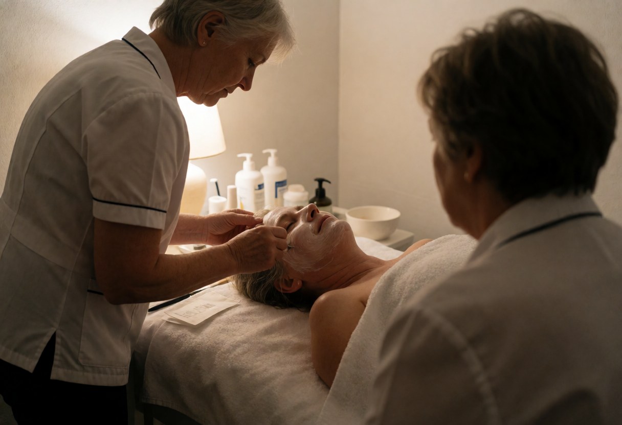 A therapist applies a facial mask to a client in a beauty salon with warm lighting and visible cosmetic products.