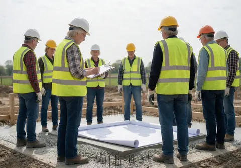 Construction workers in safety gear inspecting blueprints at a new building foundation