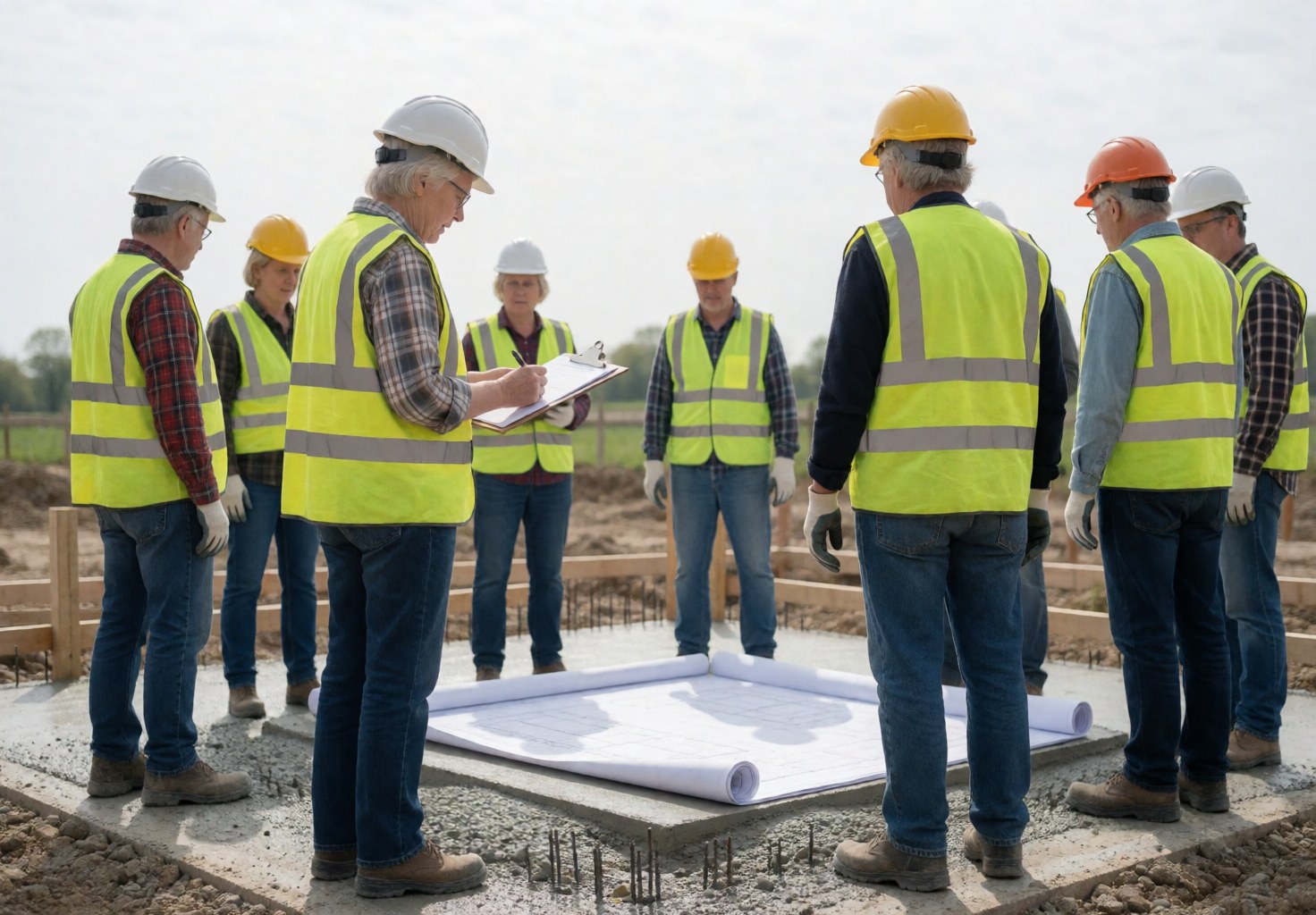 Construction workers in safety gear inspecting blueprints at a new building foundation