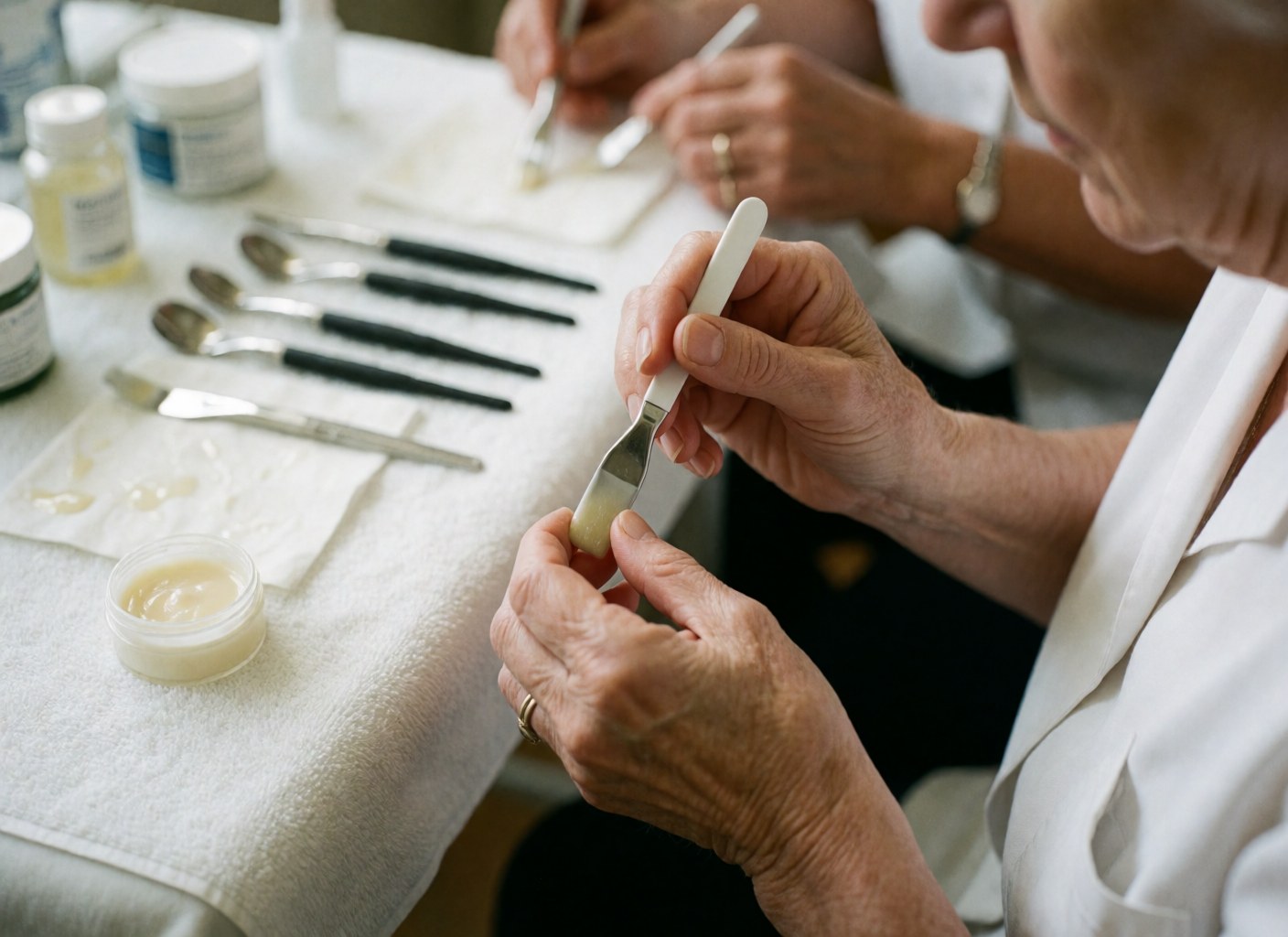 Hands using a spatula to apply serum during a professional skincare treatment in a clean clinical setting with visible tools and containers.