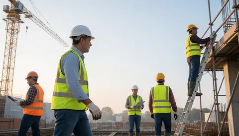 Workers wearing helmets and vests on a construction site with a crane, showing active construction work.