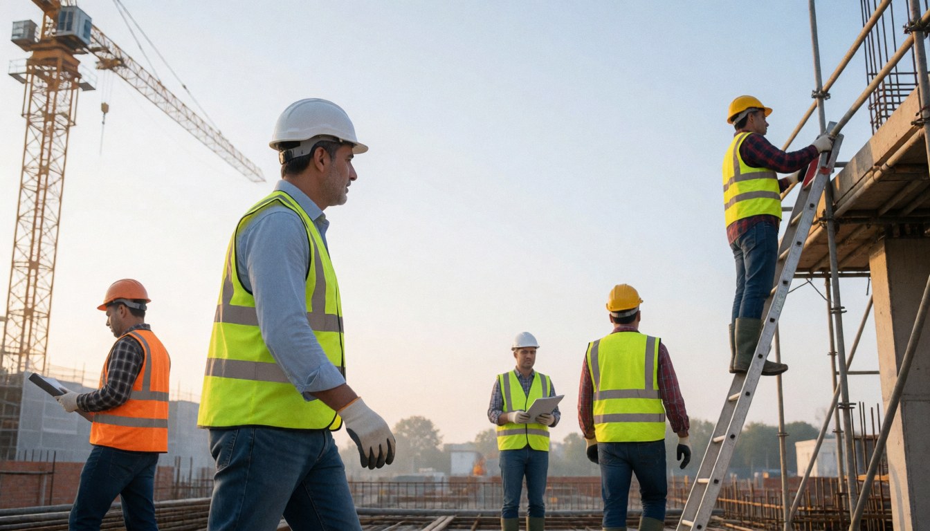 Workers wearing helmets and vests on a construction site with a crane, showing active construction work.