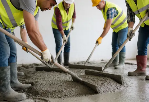 Workers wearing hard hats and safety vests use shovels to level freshly poured concrete at a construction site