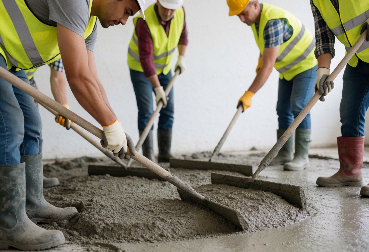 Workers wearing hard hats and safety vests use shovels to level freshly poured concrete at a construction site