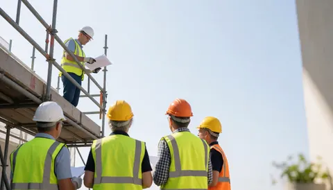 Construction team inspecting architectural plans while standing on scaffolding under a clear sky with visible safety gear