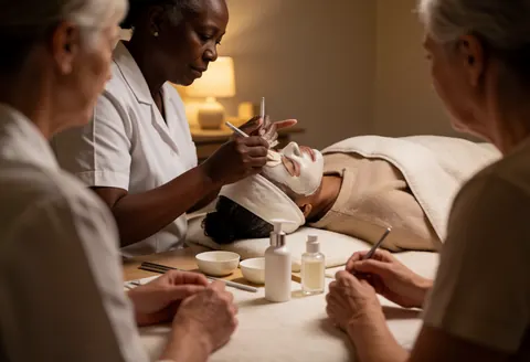 A therapist applies a facial mask to a client in a salon with warm lighting and visible cosmetic products.
