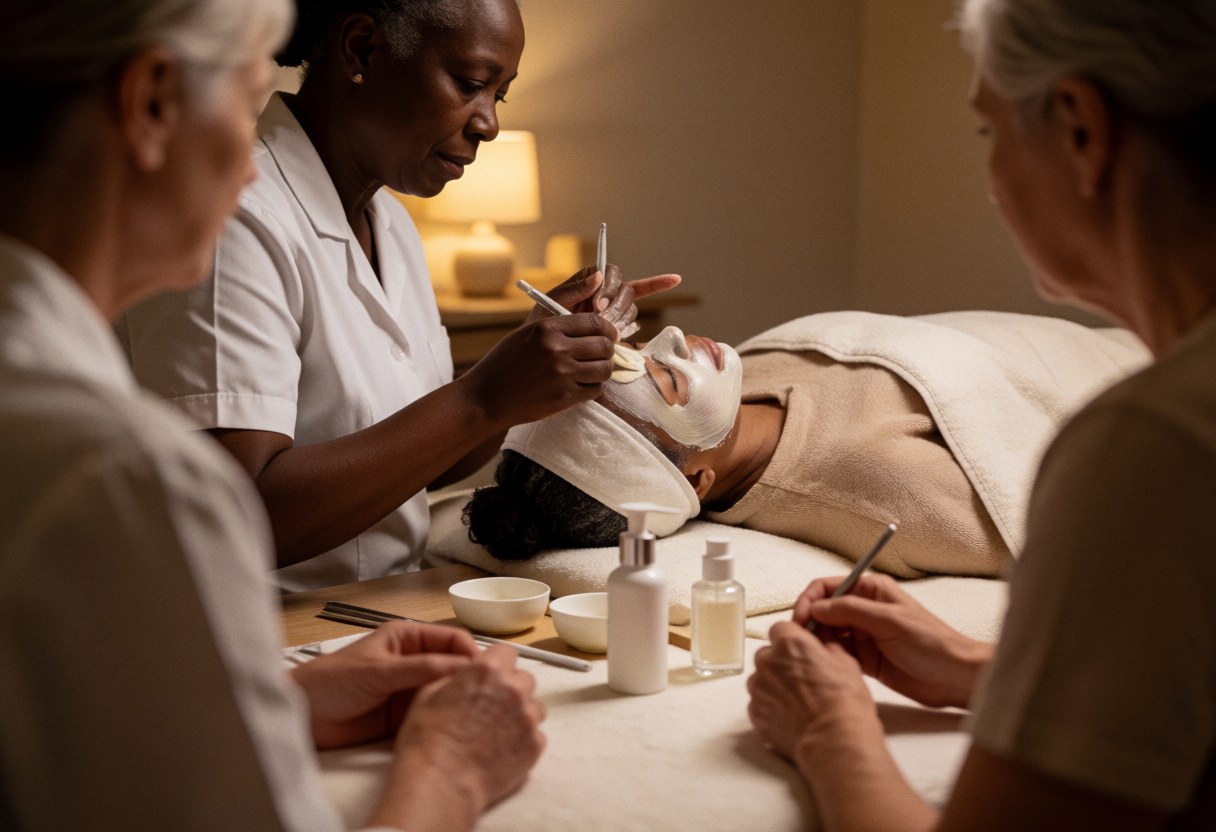 A therapist applies a facial mask to a client in a salon with warm lighting and visible cosmetic products.