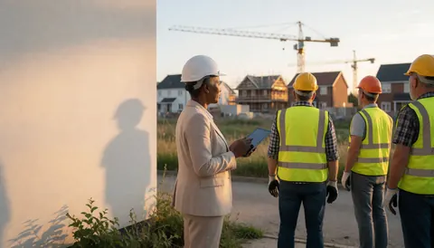 A woman holding a tablet inspects a construction site with workers and cranes in the background during golden hour.