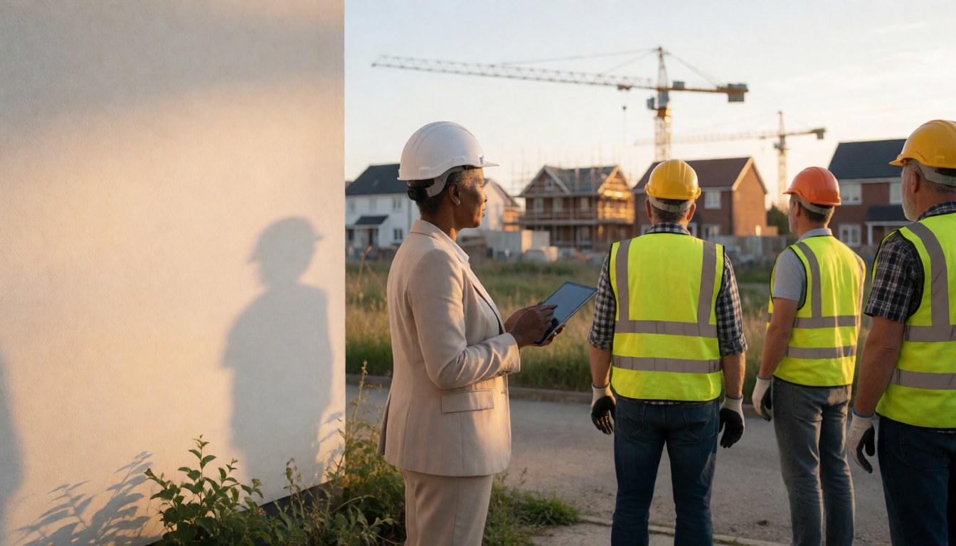 A woman holding a tablet inspects a construction site with workers and cranes in the background during golden hour.