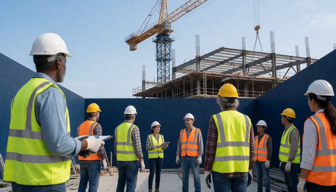 Workers wearing hard hats and reflective vests near a yellow crane and metal structure with blue walls on a construction site.