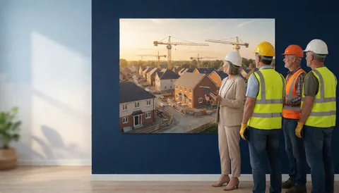 Four workers in safety gear observe a large mural depicting a residential construction site with cranes and houses on a blue wall.