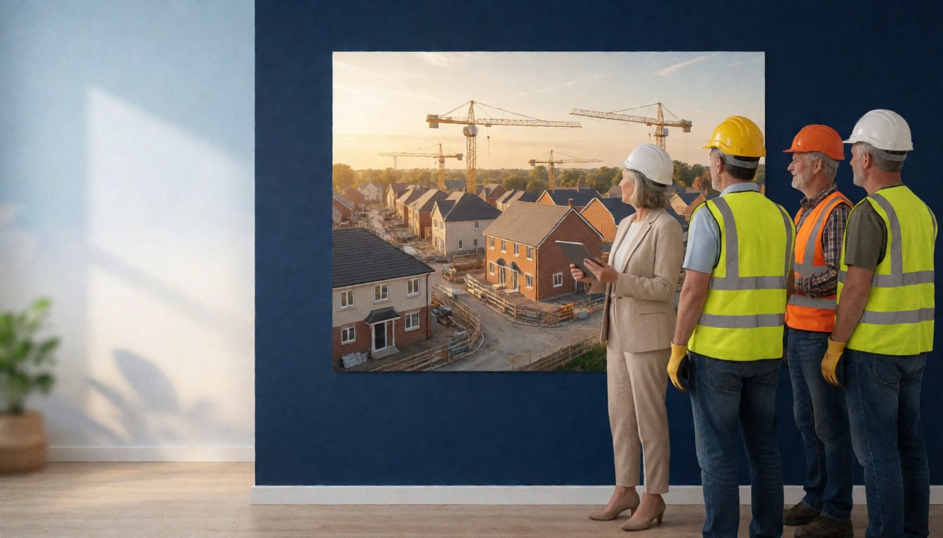 Four workers in safety gear observe a large mural depicting a residential construction site with cranes and houses on a blue wall.