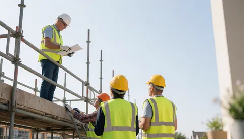 Workers in safety gear inspecting architectural plans while standing on a construction site scaffolding under a clear sky.