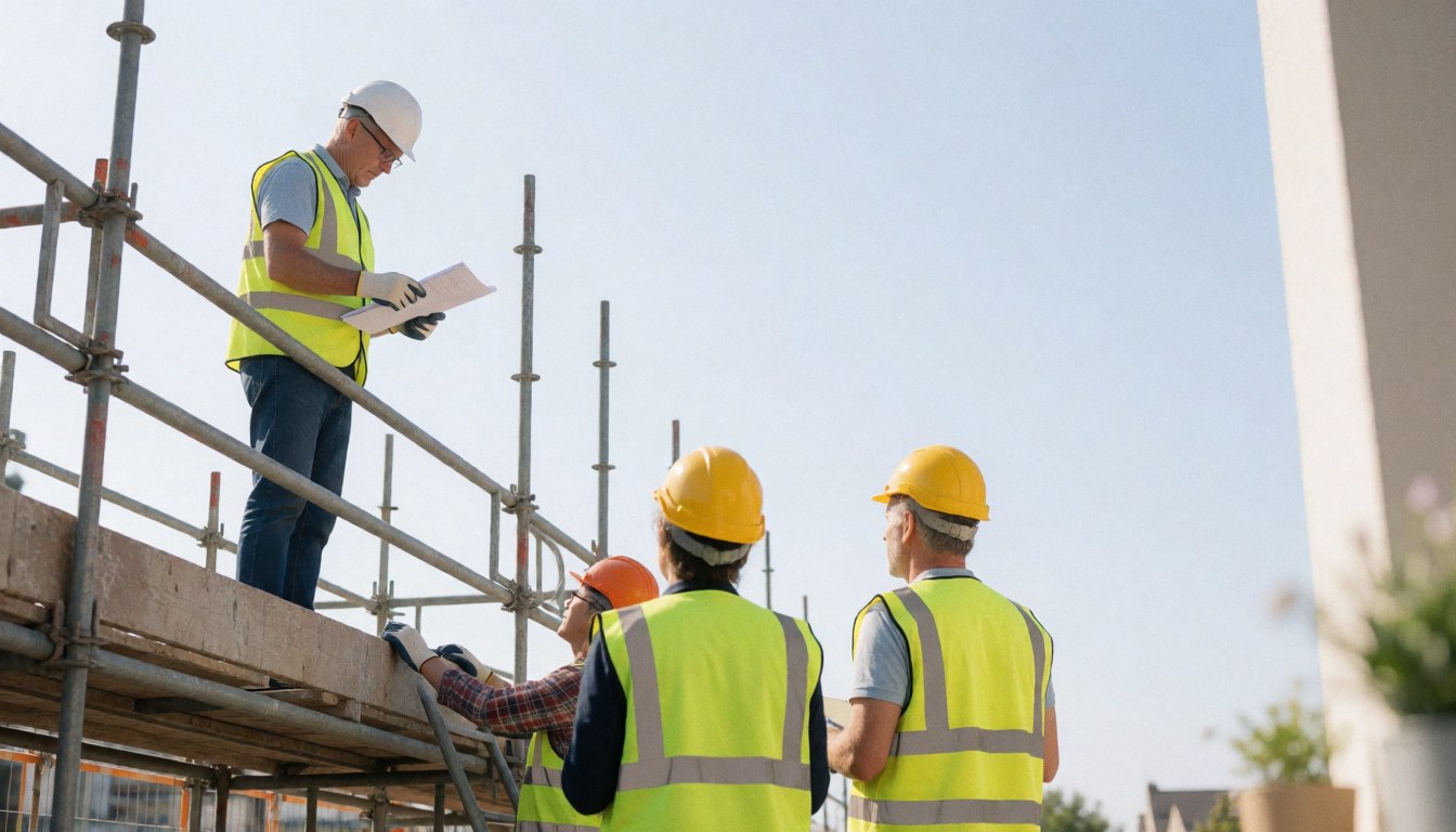 Workers in safety gear inspecting architectural plans while standing on a construction site scaffolding under a clear sky.