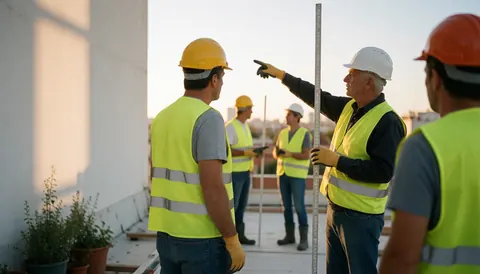 Workers on a roof wearing helmets and vests, one measuring with a level while another points to the horizon during sunset
