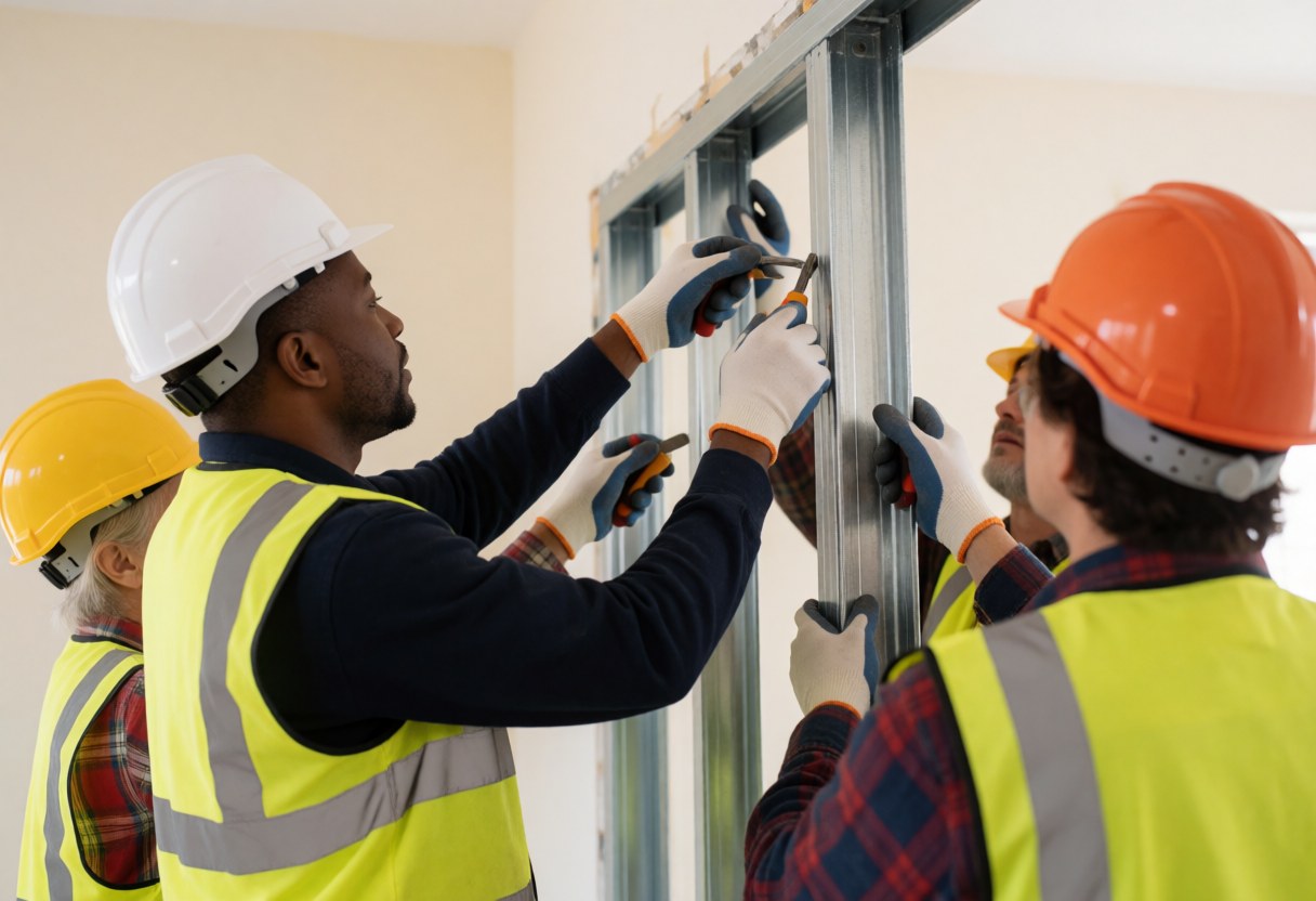 Workers wearing helmets and vests assemble a steel structure in an indoor construction site with natural light.