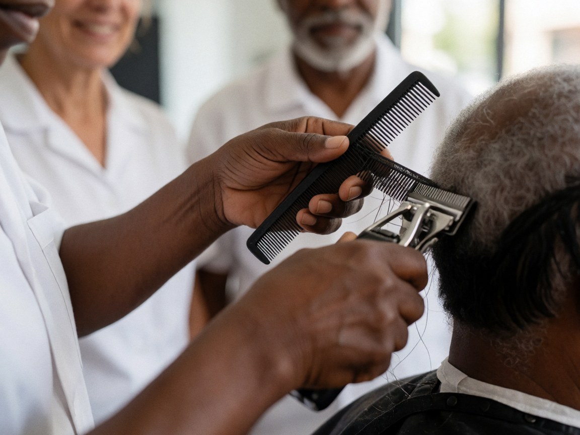 Close-up of barber's hands using scissors to trim gray hair on a seated client in a barbershop