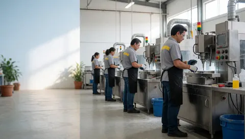 Workers in uniforms and gloves operating metal machinery in a factory with high ceilings and natural light