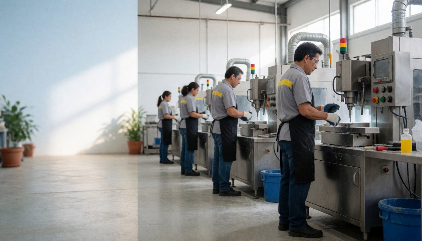 Workers in uniforms and gloves operating metal machinery in a factory with high ceilings and natural light