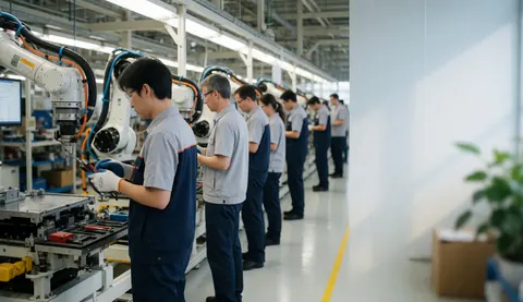 Engineers in an automotive factory working with robots on an assembly line, using safety glasses and gloves.