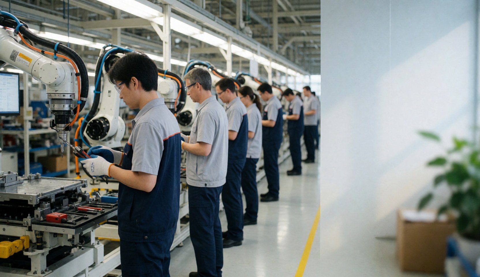 Engineers in an automotive factory working with robots on an assembly line, using safety glasses and gloves.