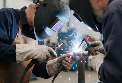 Two welders in helmets and gloves join metal pipes with bright sparks in an industrial workshop