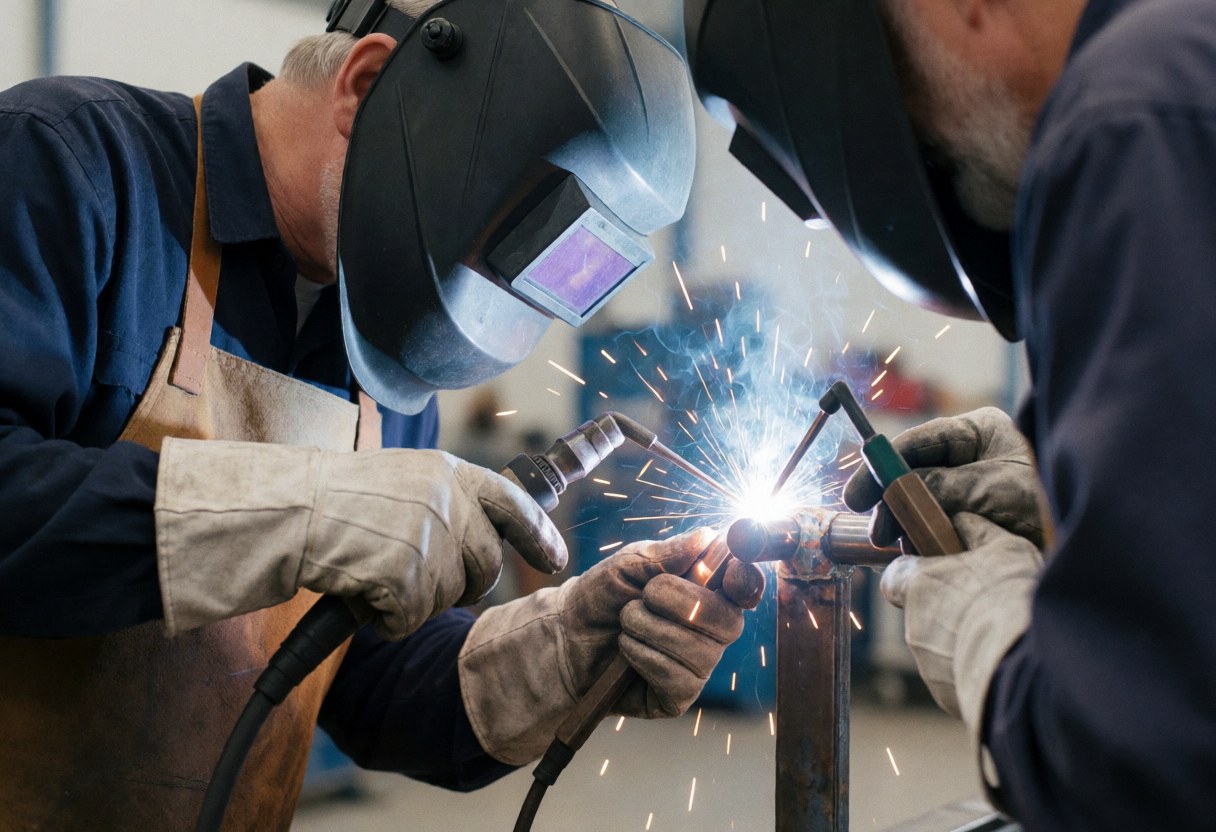 Two welders in helmets and gloves join metal pipes with bright sparks in an industrial workshop