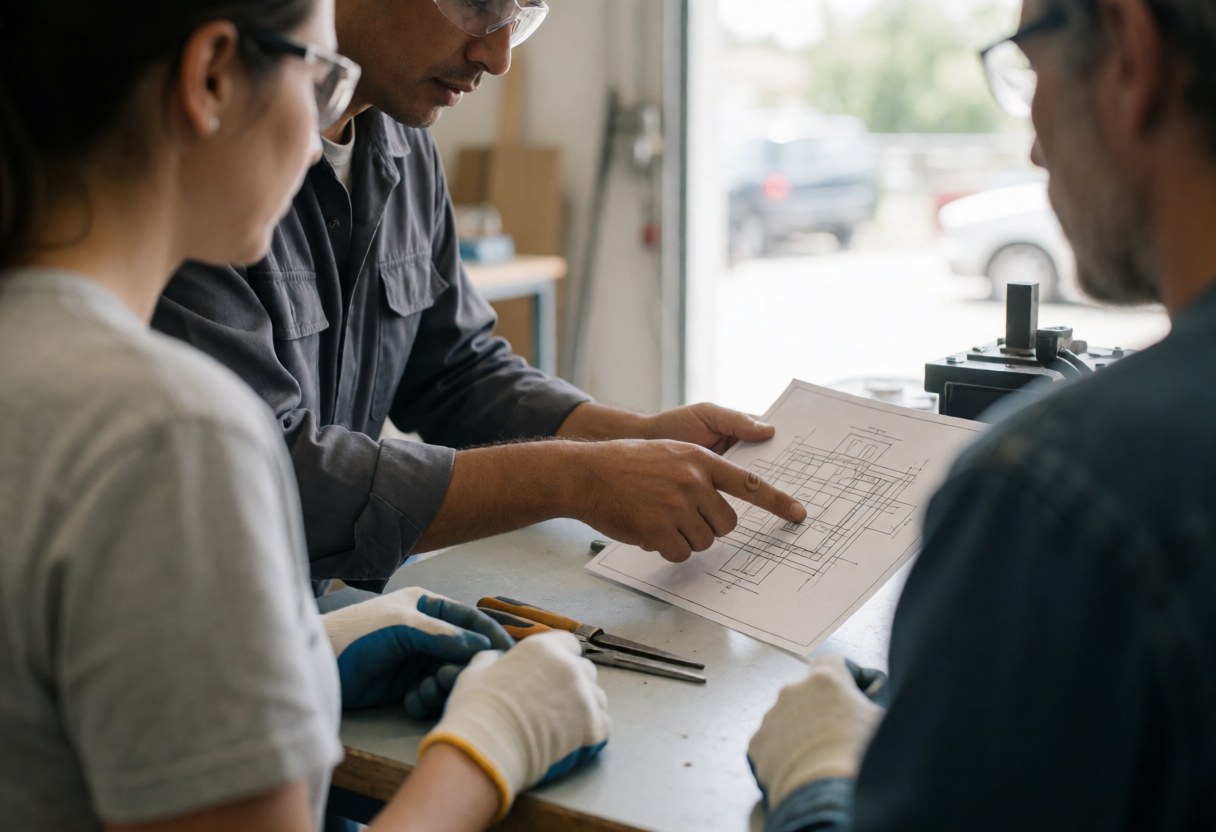 Engineer with glasses and gloves explaining a technical blueprint to two colleagues in a manufacturing workshop with tools on the table.