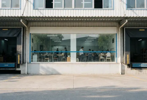 Exterior view of a manufacturing building featuring a large window that reveals an industrial interior with workers, desks, and concrete pavement outside.