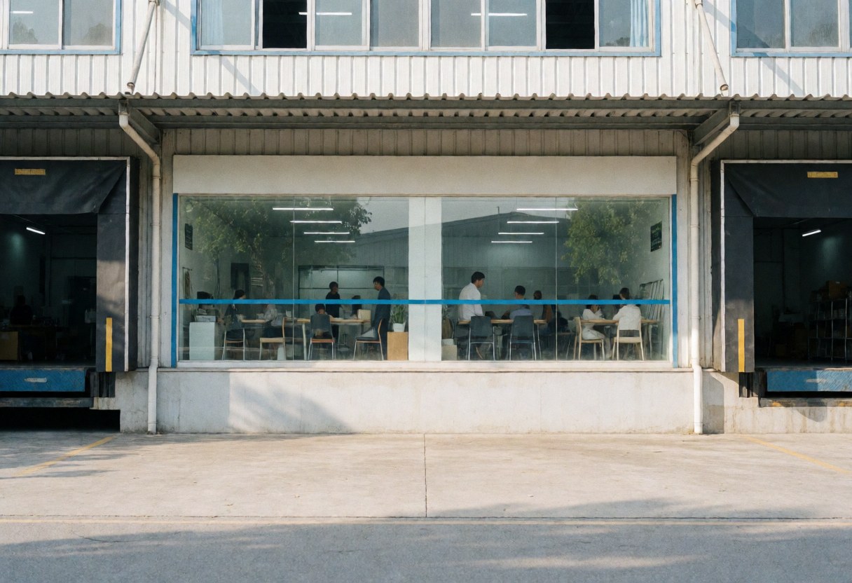 Exterior view of a manufacturing building featuring a large window that reveals an industrial interior with workers, desks, and concrete pavement outside.