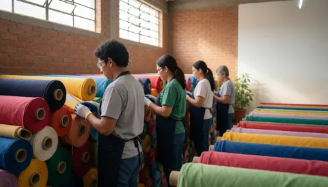Workers inspecting colorful fabric rolls under natural light in a textile factory with brick walls and space for text on the right