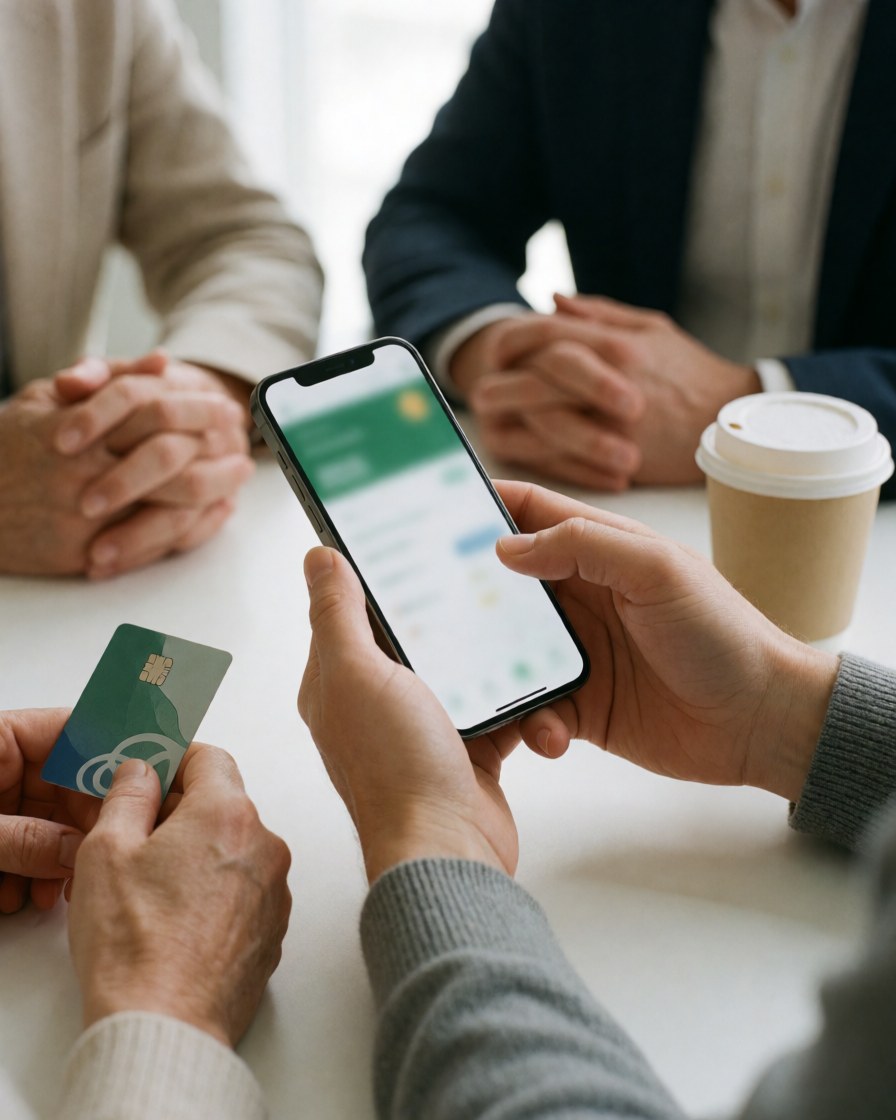 Hands holding a smartphone and a bank card near a coffee cup on a white table, showing a mobile banking app interface for digital transactions.