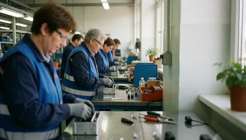 Workers wearing safety glasses and blue vests assemble components in a well-lit factory with organized metal tables.