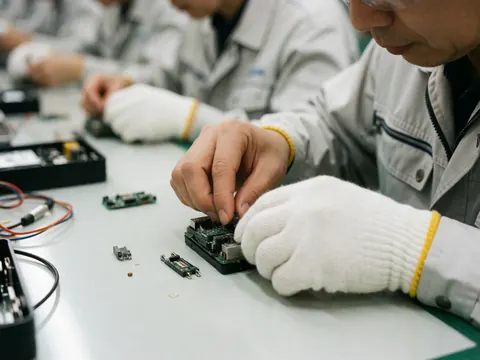 Gloved hands carefully assembling components on a circuit board at a workstation in an electronics manufacturing facility