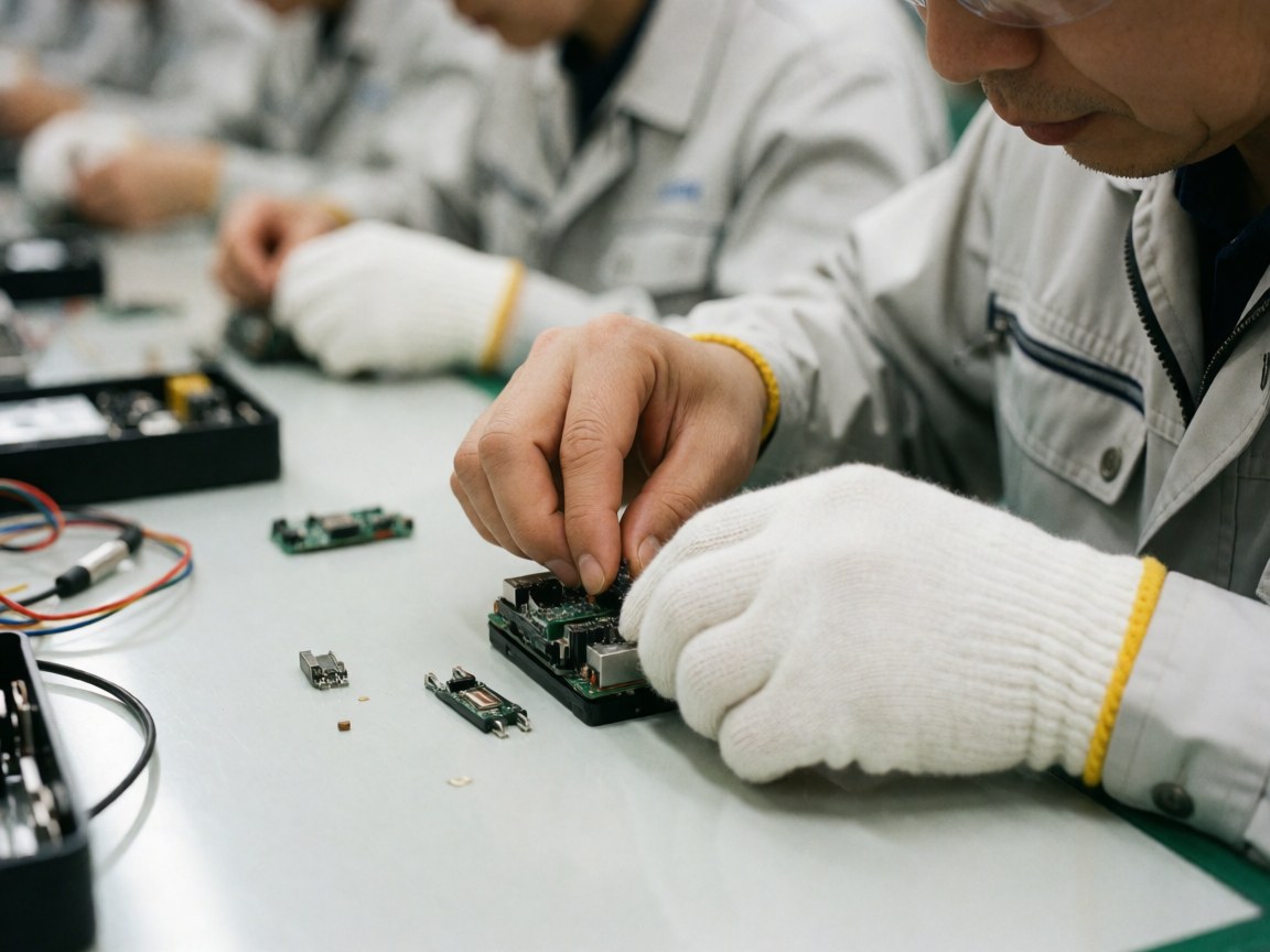 Gloved hands carefully assembling components on a circuit board at a workstation in an electronics manufacturing facility
