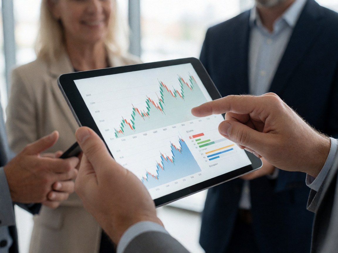 Professional hands pointing at financial stock charts displayed on a tablet screen in a modern office setting.