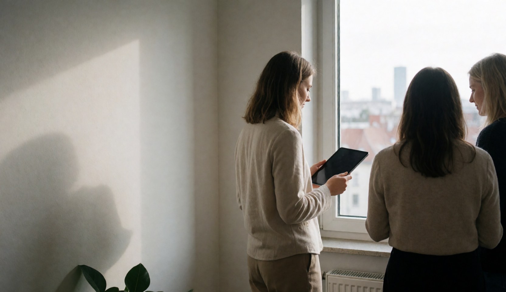 Three professionals review data on a tablet near a window with a city view in an office with white walls and natural light