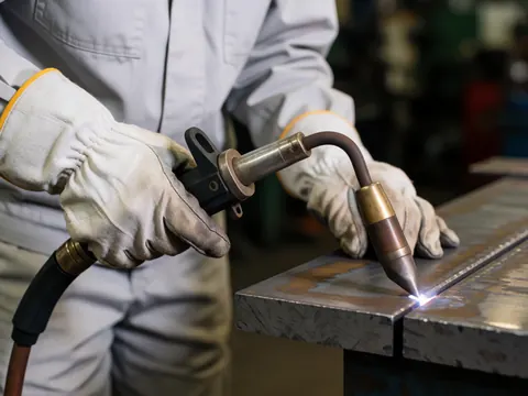 Close-up of gloved hands holding a welding torch over steel plates with bright sparks in an industrial setting