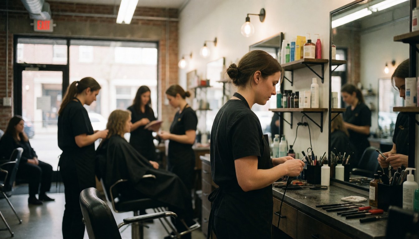 A stylist working with tools in a barbershop with mirrors and products visible in the background