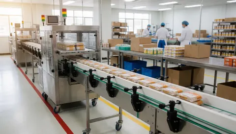 Conveyor belt carrying packaged food products in a food processing plant with workers in uniform and storage shelves under industrial lighting