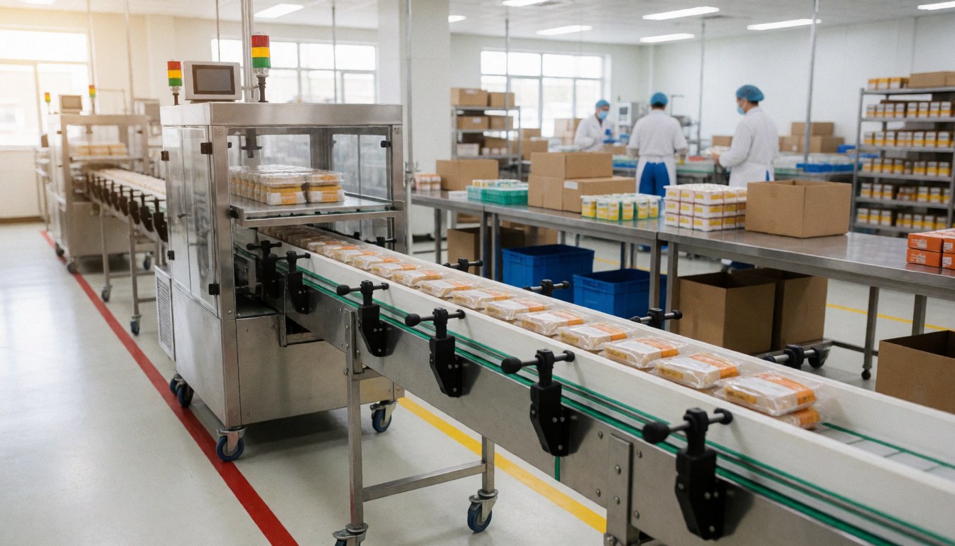 Conveyor belt carrying packaged food products in a food processing plant with workers in uniform and storage shelves under industrial lighting