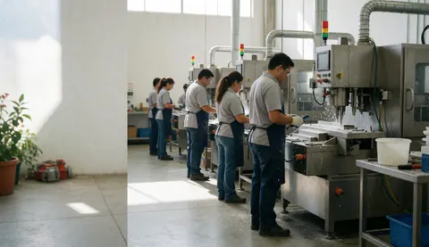 Workers in protective gear operating industrial machinery on a factory production line with concrete floors and natural lighting